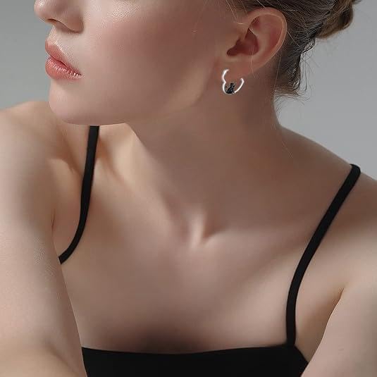 Cat Earrings for Women 925 Sterling Silver Black Cat Heart Hoop Earrings Animal Jewelry Gifts for Women Mom Her - Image 5