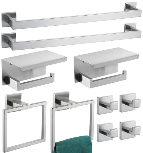 Bathroom Towel Bar Set 10 Pieces Brush Nickel Square Modern Bathroom Hardware Set SUS304 Bathroom Accessories Set Towel Rack Set for Bathroom Wall Mounted (Brushed Nickel, 24 Inch)