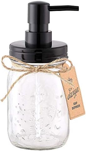Elwiya Mason Jar Soap Dispenser with Black Plastic Pump and Lid - 16 Ounce Glass Mason Jar - Rust Proof - Rustic Bathroom Accessories &Kitchen Home Decor