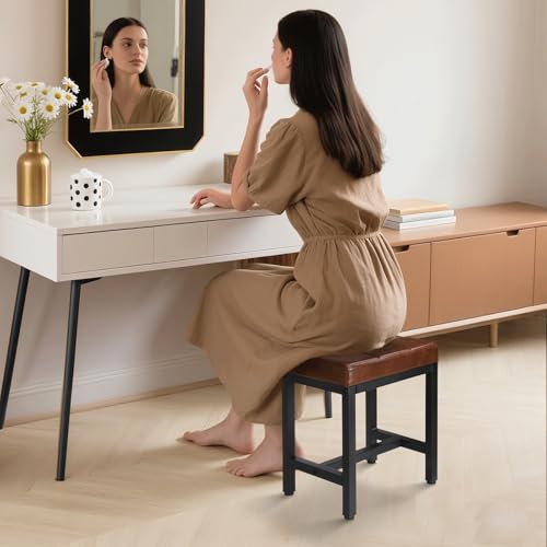 FLYZC Vanity Stool, Vanity Chair for Makeup Room, Square Faux Leather Small Ottoman Foot Stool with Metal Legs, Modern Makeup Chair for Bedroom, Living Room, Brown - Thumbnail 5