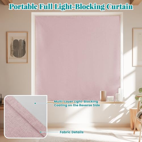 Image of 100% Blackout Self Adhesive Curtains, Black Out Shade for Window, Fabric Temporary Window Coverings Easy to Hang Curtains No Rod Needed, Use for Room, Kitchen, W52 x L60 inch, 1 Panel, Light Pink