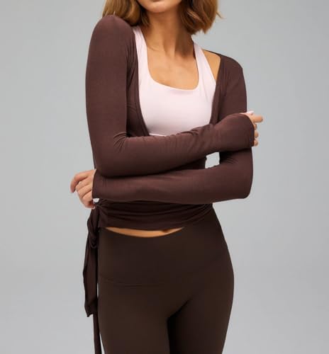 Image of Womens Slim Fit Tie Front Open Front Wrap Long Sleeve T Shirt Y2K Ballet Going Out Cardigan Aesthetic Casual Tops