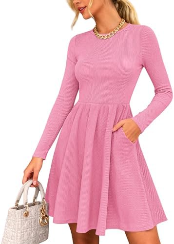 Zenlonr Women's Fall Dresses 2025 Casual Long Sleeve Ribbed Knit Crewneck Short Dress Flowy A-Line Party Dresses