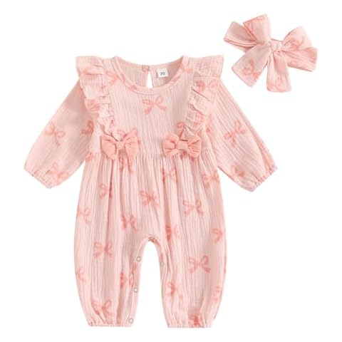 Gaono Newborn Baby Girl Cotton Linen Romper Floral Long Sleeve Ruffle Jumpsuit One-Piece Outfit Cute Infant Fall Clothes (Bow, 0-3 Months) Cover