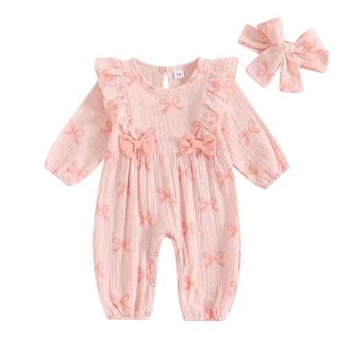 Baby Girl Clothes Set Long Sleeve Bow Print Ruffle Bow Romper with Headband Newborn Girls Outfits (Pink, 0-3 Months)