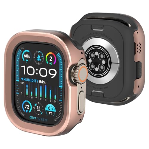 SDOCEBF 2 in 1 Metal Rugged Case for Apple Watch Ultra 3/2/1 Case 49mm, Aluminum Shockproof Protective Bumper with TPU Back Cover, Raised Edge Screen Protection, Rose Gold