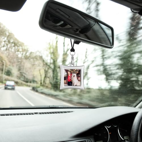 Valentinstag 4 Stücke Mini Fotorahmen Auto Rückspiegel Hängende Verzierung Metall Medaillon Fotorahmen mit 4 Stücke Wachsseile für Autospiegel, 4 Arten (Silber)