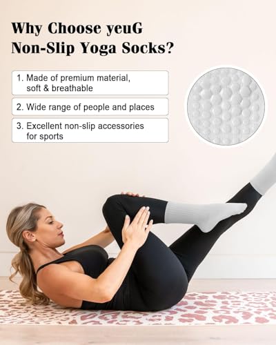 yeuG Non Slip Pilates Socks with Grips for Women, Grip Socks for Yoga Ballet Barefoot Workout Anti Skid Athletic Socks, S-M