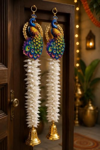 Image of Peacock Door Hanging Toran with White Flower Garland and Bell