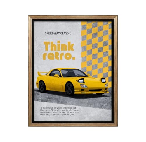 InkFlow Posters Retro Sports Car Canvas Poster - Vintage Racing Inspired Artwork - Classic Yellow Coupe Design - Boys Room Garage Office Wall Decor - 16x20 Silver Floated Frame Canvas Print