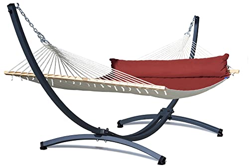 Potenza Outdoor Hängematte mit Gestell für 2 Personen I Catargo - Baumwolle Doppelhängematte XXL 220x160, 220kg I Hängemattengestell 220kg, wetterfest… (Rot, Basic Gestell Graphit)