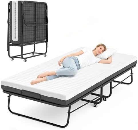 FentyOE Klappbett 90x200 cm Erwachsene mit ca.13 cm Matratze aus Gedächtnisschaum Gästebett Klappbar Metallrahmen Klappbetten mit Rollen Reisebett Faltbares Metallbett Stabil bis 2
