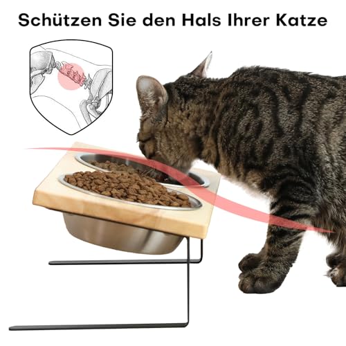 FUKUAMRU Katzennapf Erhöht, Rutschfester Fressnapf aus Edelstahl in Lebensmittelqualität & Gummiholz, 15° Neigung Futterstation für Katzen und Hunde, Napfset