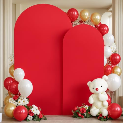 Red Arch Backdrop Covers - 6.6FT, 5FT Spandex Fitted Wedding Arch Stand Covers Round Top Chiara Stretchy Arch Backdrop Cover for Valentines Wedding Birthday Party Decoration