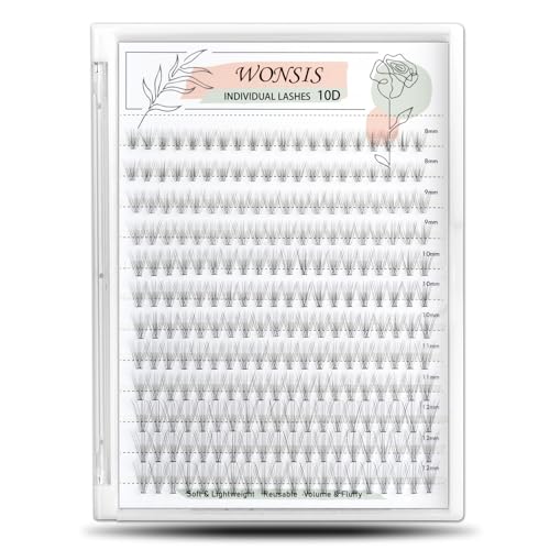 WONSIS Individual Lashes, Lash Clusters, 240 Pcs 10D Individual Lash Extensions, Natural Soft Lightweight Reusable, Thickness 0.07mm C Curl False Eyelashes 8/9/10/11/12mm (10D 8-12mm)