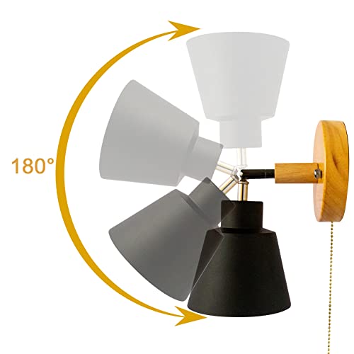 Modern Wall Lamp Sconce With Pull Cord Switch Indoor Bedside Wall Light E27 Base Industrial Bedroom Living Room Metal Lighting Fixture 350°Rotatable Lamp Body, Black #TOP3