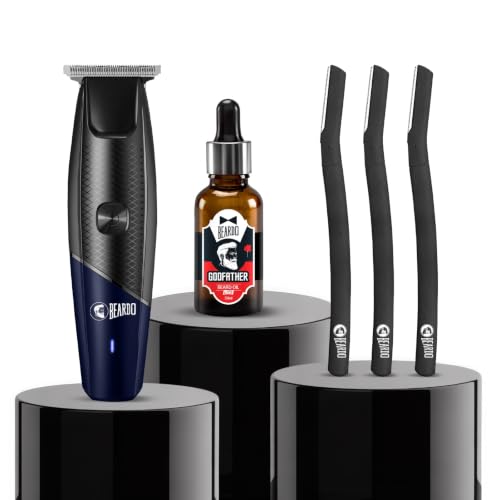 Image of Beardo Grooming Kit for Men - EZ Apex Trimmer, Godfather Beard Oil & Razors (Set of 3) | Professional Beard Trimmer, Nourishing Beard Growth Oil & Smooth Shave Razors for Complete Facial Hair Care