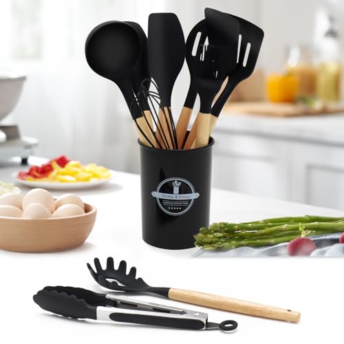 12-Piece Silicone Kitchen Utensils Set with Wooden Handle, Non-Stick & Heat Resistant Cooking Utensils (446°F), Includes Spatula, Spoon, Turner, Tongs, Whisk, Great for Home Cooks-Black by FunSiltasy - Used condition - Image 5