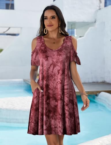 Image of JollieLovin Womens Plus Size Short Sleeve Cold Shoulder V Neck T-Shirt Dress with Pockets