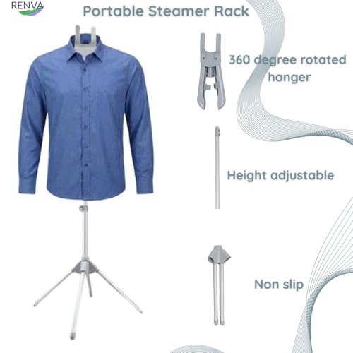 Image of RENVA Foldable Garment Steamer Hanger,Adjustable Steamer Rack with 2 Clips for Suits,Shirts,Coats. (Blue)