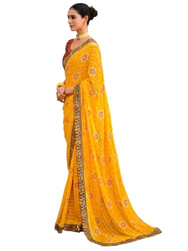 Image of Satrani Women's Georgette Bandhani Printed Sequence Lace Work Scalloped Border Saree with Unstitched Blouse Piece