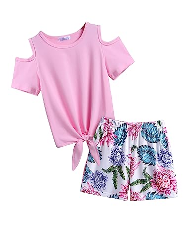 Image of Arshiner Girls Short Sets 2 Pieces Outfits Short Sleeve Tie Knot T-Shirts and Casual Shorts With Pockets Cute Clothes Sets