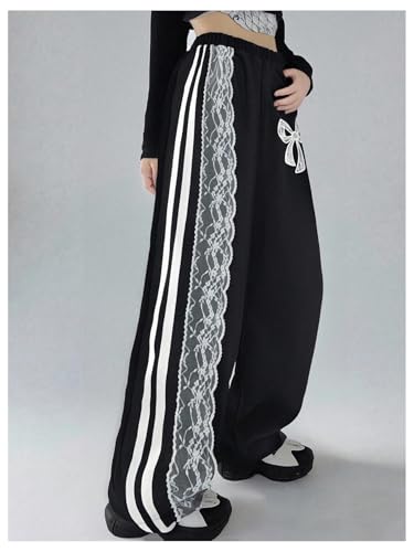 Verdusa Girl's Bow Side Striped Lace Baggy Sweatpants Elastic Waist Cute Wide Leg Loose Long Pants3