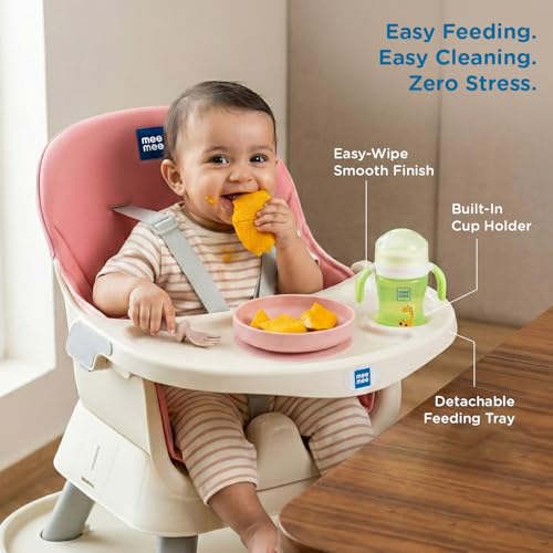 Image of Mee Mee Little Scholar Baby High Chair for Baby Feeding, 6-in-1 Convertible Kids Feeding Chair Compact Fold with High Adjustable, Play Chair Booster, Travel Friendly, 0.5 to 3 Years Kids (Pink)