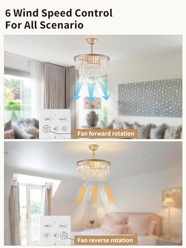 Image of 20 inch Gold Crystal Fandelier Ceiling Fans with Lights, Caged Gold Crystal Chandelier Ceiling Fan with Light Remote Control with 6 Speeds for Bedroom, Nursery, Living Room