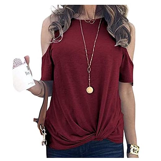 Camiseta de gola redonda com ombros de fora para mulheres top fino torcido de manga curta, Vinho tinto, XXG