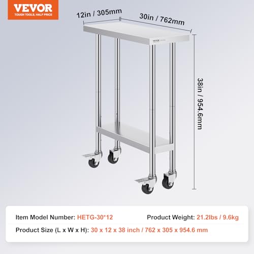 Image of VEVOR Stainless Steel Work Table 30 x 12 x 38 Inch, with 4 Wheels, 3 Adjustable Height Levels, Heavy Duty Food Prep Worktable for Commercial Kitchen Restaurant, Silver