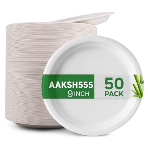aaksh 555 Lot de 50, grandes assiettes de fête de 23 cm de haute qualité, très rigides, super résistantes, écologiques, biodégradables, compostables,...