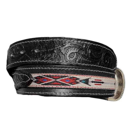 WP West Path Authentic Handmade Mexican Leather Belt - Western/Cowboy Style with Silver Buckle - for Men (Black, 44)