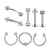 Ayoiow - Piercing para nariz, diseño de oreja, plano, acero quirúrgico, plata con mancuernas, forma de círculo, piercing para nariz, pica