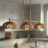 Maxax 3-Light Rattan Kitchen Island Lighting, Boho Woven Linear Pendant Light with Dome Wicker Shades, Brass...