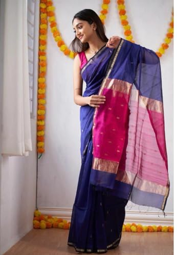 Image of Women's Cotton Woven Soft Sarees With Attach Blouse Piece.