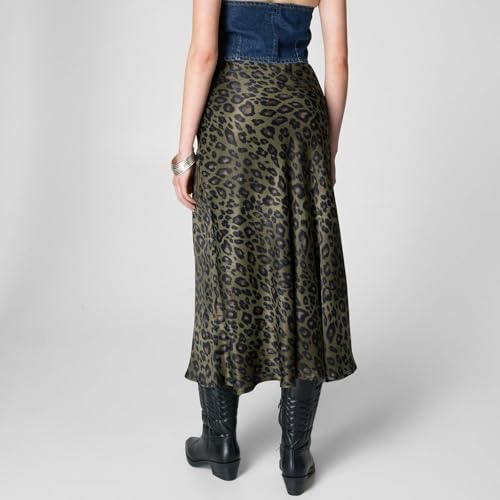 SANSIWU Women's Leopard Print Skirt Midi Long Length High Waist Ruffled Hem Midi Wrap Skirts Satin Casual A-line Skirt (A-Dark Green, S) - Image 5