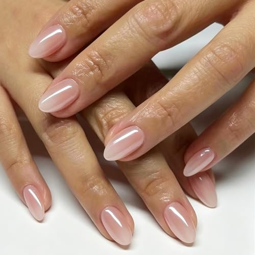 YOSOMMK Nude Fake Nails Short Almond Press on Nails with Cat Eye Designs Pearlescent Glue on Acrylic Nails Glossy Full Cover False Nails for Women and Girls