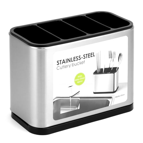 QWORK® Edelstahl Besteckhalter mit 4 Fächer - Rostfreier Besteckorganizer mit Anti-Rutsch Funktion und Abtropfschale