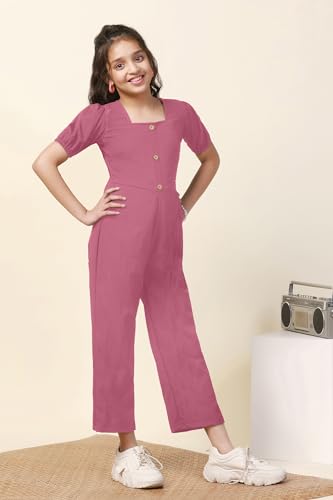 Image of Fashion Dream Girl's Ankle Length Solid Jumpsuit (FDGJMP00086 PNK 36 Pink 11-12 Yrs)