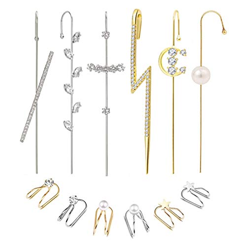 Ear Wrap Crawler Hook Earrings | Unique Earrings Set | Silver Earrings and 14K Gold Plated Base |Ear Crawler Earrings for Women - Ladies (12PCS)