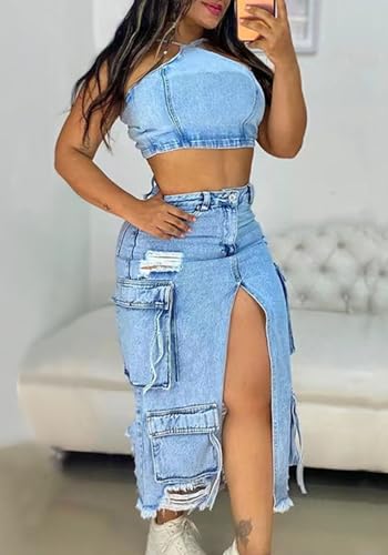 Women's Denim Maxi Skirts Cargo High Waisted Y2k Slit Ripped Skirts Jean Skirt with Multi-Pocket2