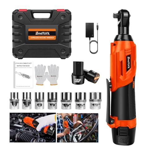 Xinng Kit de Clé à Cliquet électrique Sans Fil 12V 3/8" avec 2 Batteries de 1500mAh, Chargeur, 7 Douilles, Gants,Orange