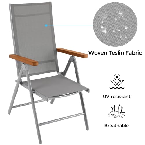 LIFERUN Gartenstühle Alu 4er Set, Gartenstuhl Hochlehner Klappbar mit 7-Fach Verstellbar Rückenlehne, Teakbraun WPC Armlehnen, Balkonstühle bis 120kg, Leicht Campingstühle, Komfortabel Wetterfest 4pcs