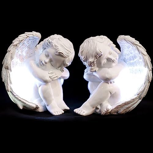JUNIQUTE Sleepy Time Little Angel with Light Cupid Garden Statue Home Decor Cherub Statue Baby Sculpture Figurine Set of 2
