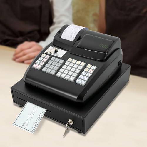 Image of 47 Keys Electronic Cash Register, Cash Register with Coin Drawer Box Cash Management System 6 Digits LED Display POS Bill Coins System for Small Businesses Retailers Supermarkets, Black