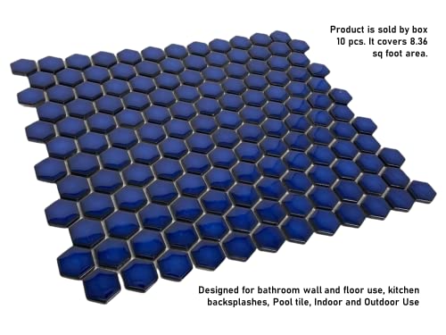 Hexagon Cobalt Blue Porcelain Mosaic Tile Glossy Look 1'' Inch ( Box Of 10 Sheets), Floor And Wall Tile, Backsplash Tile, Bathroom Tile On Mesh For Easy Installation #TOP1