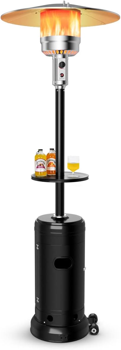 Giantex Outdoor Propane Heater, 50000 BTU Standing Gas Heater w/Shelf Tabletop & Wheels, Tip-Over Protection & Auto Shut Off, CSA Certified, Portable Patio Heater for Home & Commercial Use (Black)