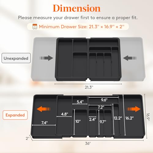 Lifewit Utensil Organizer for Kitchen Drawer, Expandable Cooking Silverware Tray, Adjustable Cutlery Flatware Holder, Plastic Spatula Tools Storage Divider, 21.3- 36 x 16.9", Black