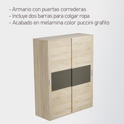 amuéblate online - Armario de Dos Puertas Correderas con Altillo Modelo Helsinki para Dormitorios de Matrimonio e Infantiles, Color Puccini - Grafito, 150 cm (Ancho) x 208 cm (Alto) x 55 cm (Fondo) - imagen 4